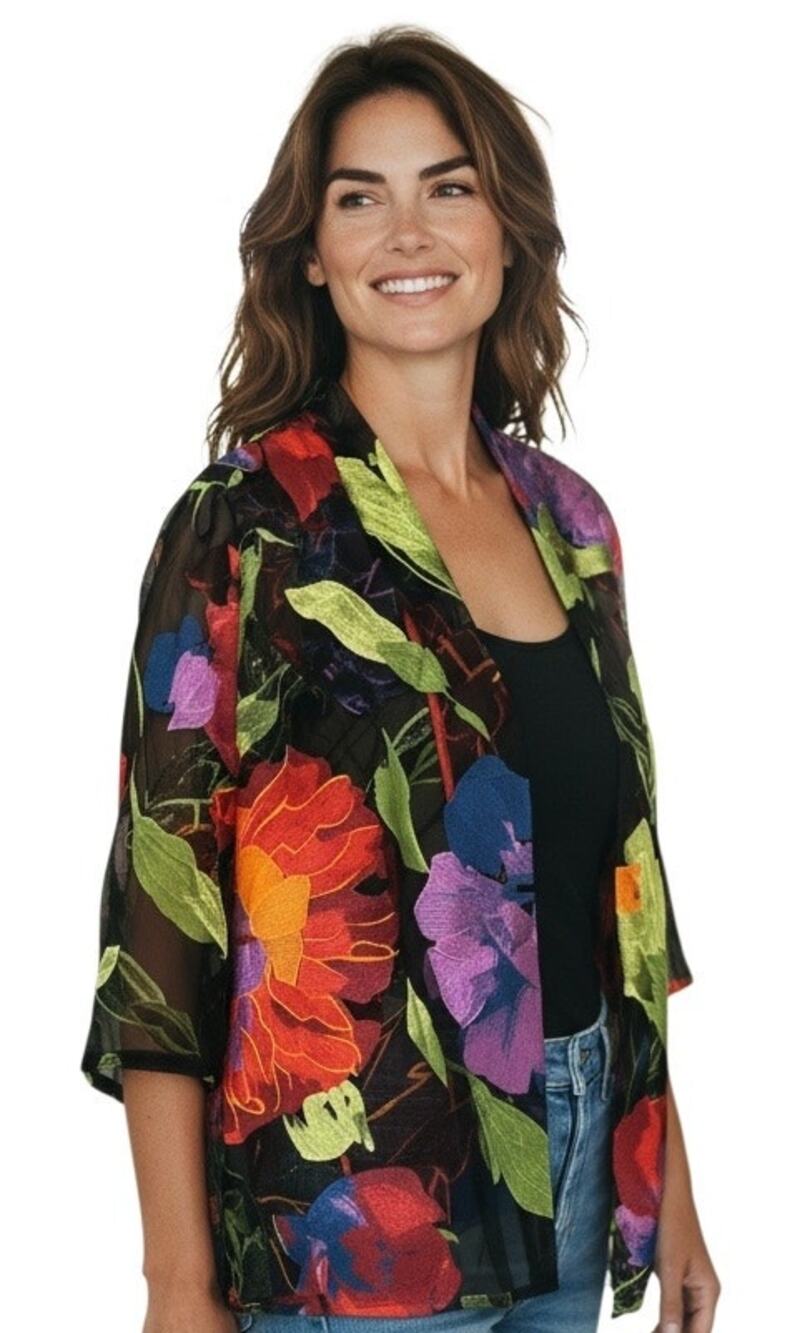 Caroline Rose $448 Embroidered Floral Swing Sheer Cardigan Size XS
